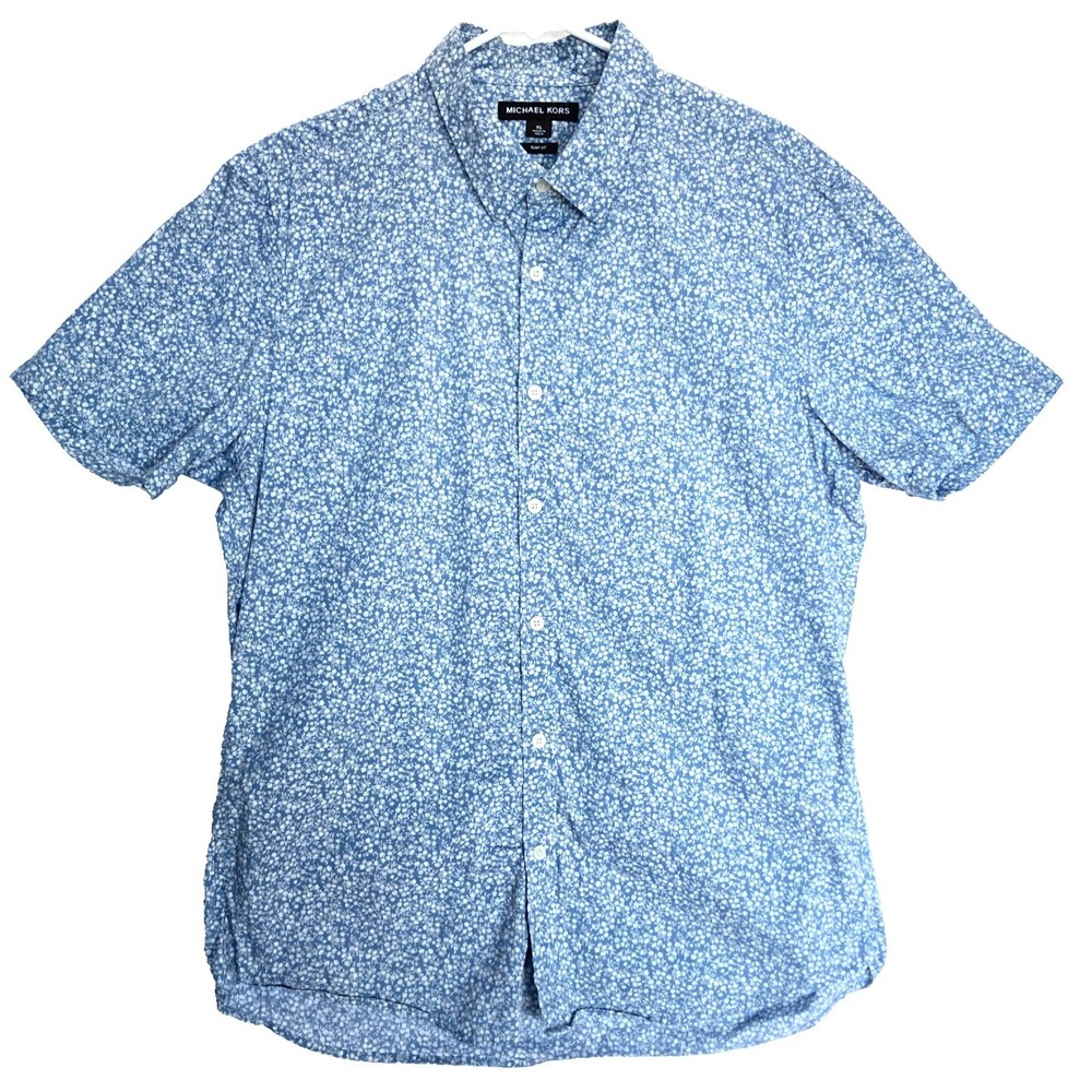 Michael Kors Micro Floral Shirt Mens XL Slim Fit Baby Blue Camp Button Up $110